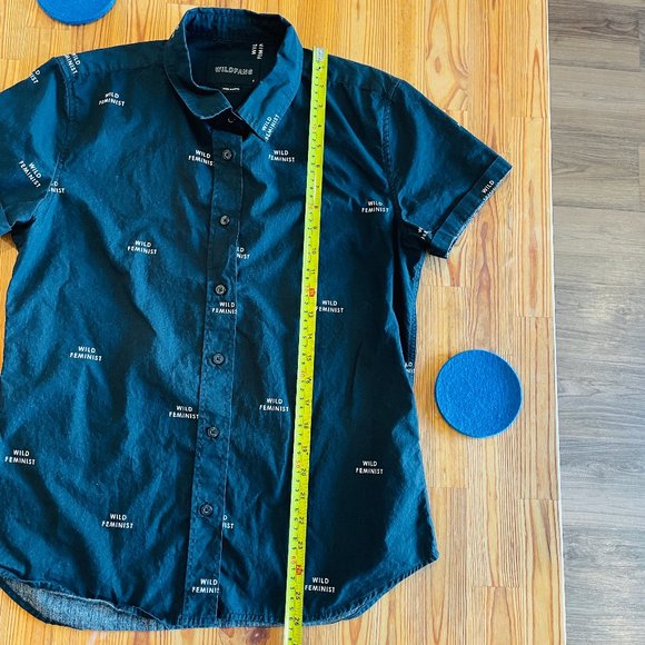 Wildfang Black Wild Feminist Short Sleeve Button Down Shirt Size S - Picture 7 of 11